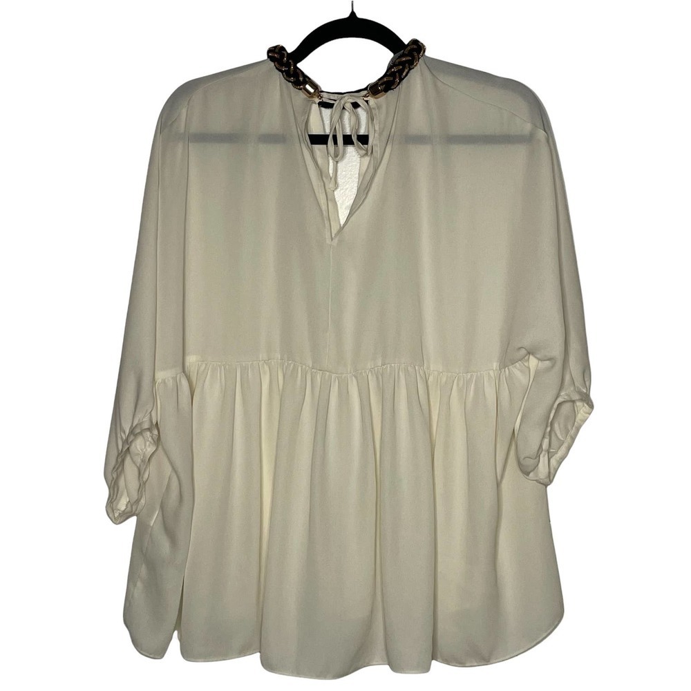 Zara cream blouse with black & gold cord collar and tie key hole back